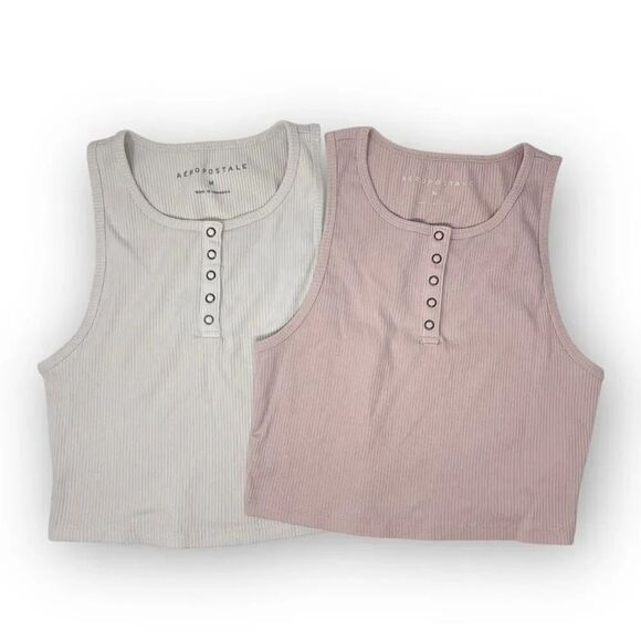 Aeropostale Tops - Aeropostale Y2K Ribbed Knit Henley Cropped Tank Top Lot of 2 Stretch Size Medium